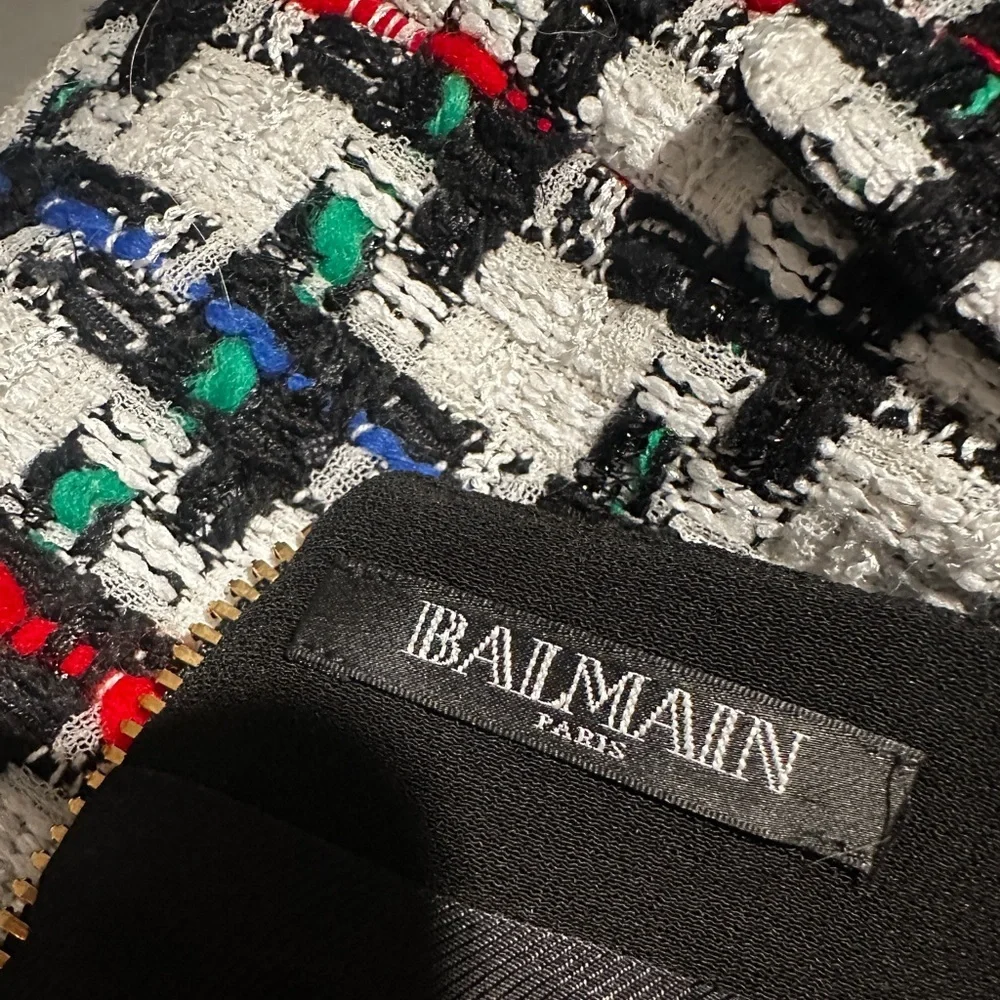 New Balmain Button Embellished Houndstooth Tweed Mini Skirt Size 40